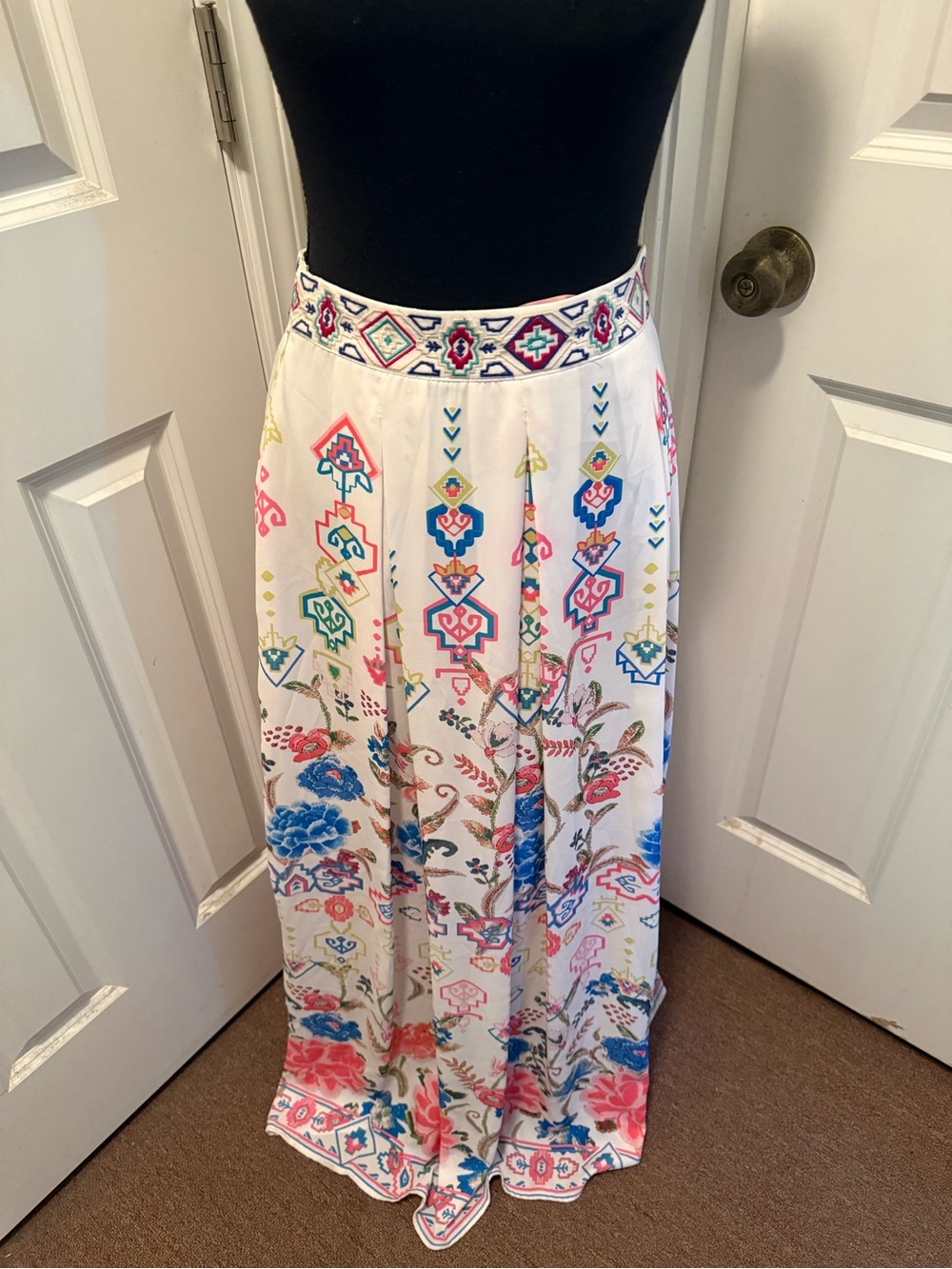 White Floral Embroidered Champaign and Strawberry  Maxi Skirt